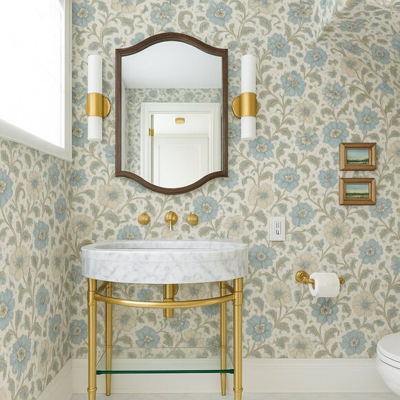 Vintage 1970s Blue and Beige Peony Paisley Motif Wallpaper - Picture 7 of 8